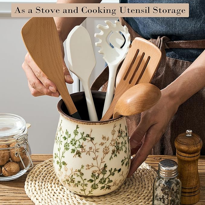 Utensil Holder for Kitchen Counter, Modern Nordic Boho Style Cooking Utensil Holder and Crock Home Kitchen Decor, Ceramic Utensil Organizer for Spatula, Ladle, Eggbeater, Rolling Pin- Green and Beige