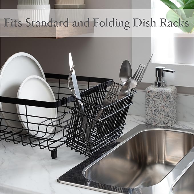 Kitchen Details Cutlery Basket | Hanging | Attach to Standard Dish Drying Rack | Utensil Caddy | Vinyl Coated | 3 Compartment | Black