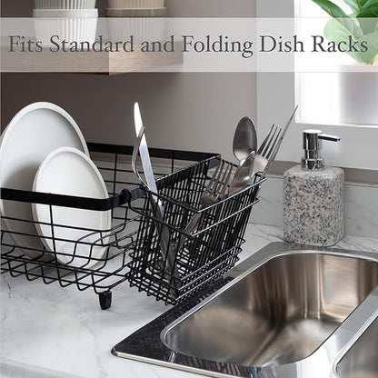 Kitchen Details Cutlery Basket | Hanging | Attach to Standard Dish Drying Rack | Utensil Caddy | Vinyl Coated | 3 Compartment | Black