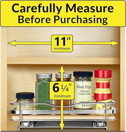 LYNK PROFESSIONAL® Élite™ Pull Out Spice Organization for Cabinets - 10-3/8 inch Wide – Spice Rack for Inside Cabinets – Wood/Chrome - Sliding Spice Rack Organizer for cabinet – Spice Rack - 1 Tier