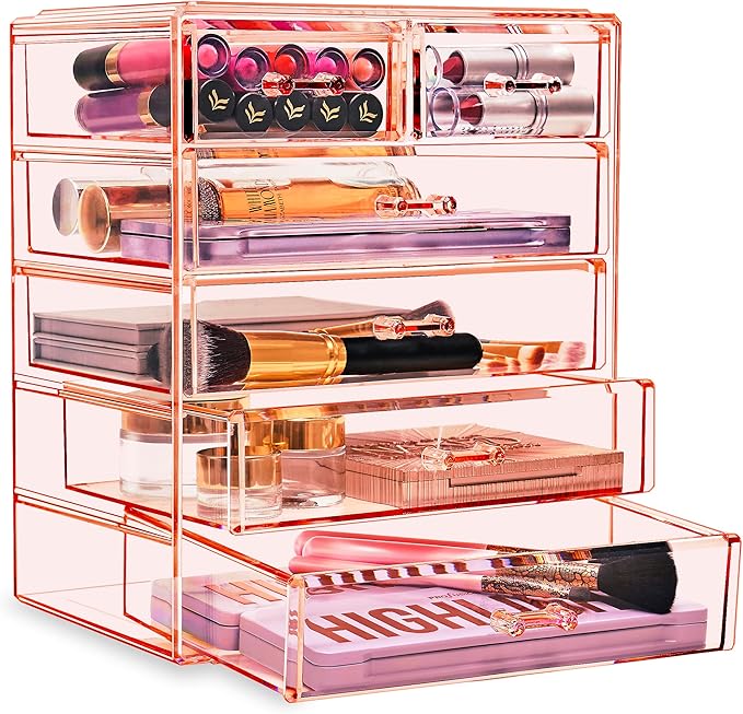 Sorbus Acrylic Makeup Organizer Set, 6-Drawer Vanity & Countertop Cosmetic Storage with Small & Wide Drawers, Pink Makeup Storage for Brushes, Lipsticks, Jewelry – Holiday Gift for Women & Teens