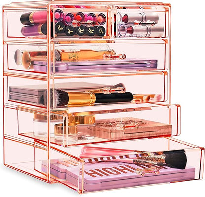 Sorbus Acrylic Makeup Organizer Set, 6-Drawer Vanity & Countertop Cosmetic Storage with Small & Wide Drawers, Pink Makeup Storage for Brushes, Lipsticks, Jewelry – Holiday Gift for Women & Teens