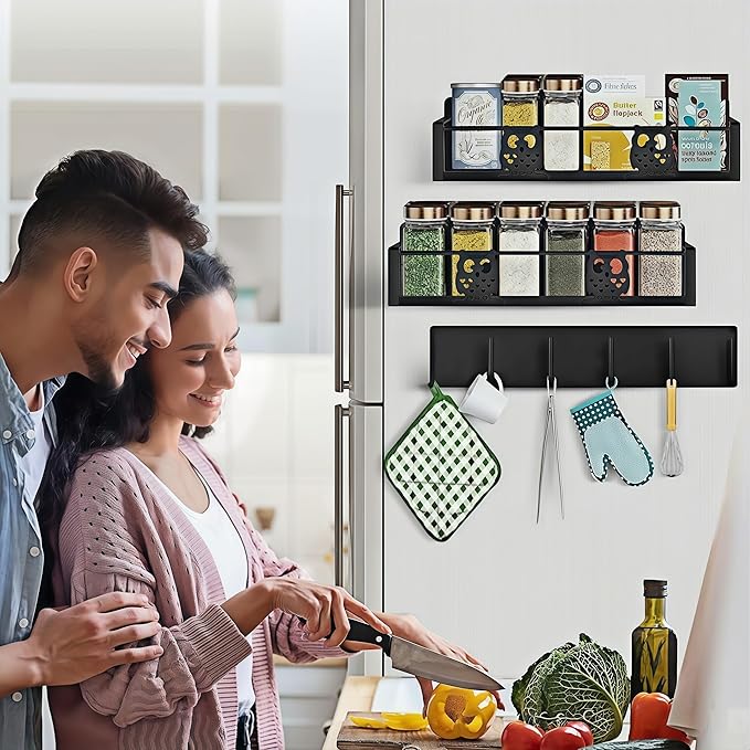 Magnetic Spice Rack for Refrigerator,Spice Organizer for Kitchen,Seasoning Organizer Rack,Magnetic Shelf with Hooks,Strong Magnet,Moveable,No Drilling(3 Pack,Black,Owl)