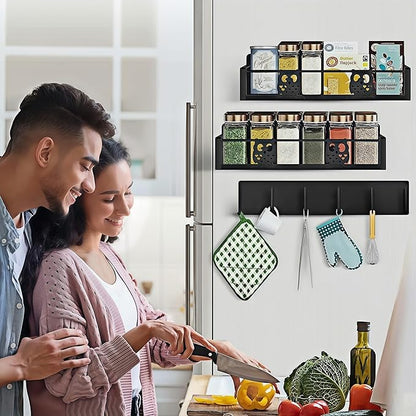 Magnetic Spice Rack for Refrigerator,Spice Organizer for Kitchen,Seasoning Organizer Rack,Magnetic Shelf with Hooks,Strong Magnet,Moveable,No Drilling(3 Pack,Black,Owl)