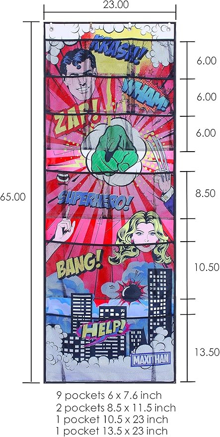 Superhero Organizer, Over The Door Hanging Shoe Organizer, Red (65'' x 23''),Toy Organizer