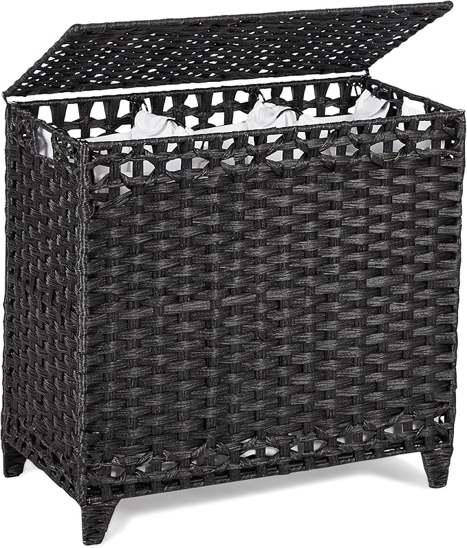 Laundry Hamper with 3 Removable Liner Bags; 132L Handwoven Rattan Laundry Basket with Lid & Heightened Feet; Clothes Hamper with Side Handles; Laundry Sorter with 3 Separate Sections