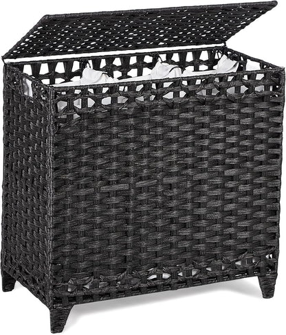 Laundry Hamper with 3 Removable Liner Bags; 132L Handwoven Rattan Laundry Basket with Lid & Heightened Feet; Clothes Hamper with Side Handles; Laundry Sorter with 3 Separate Sections