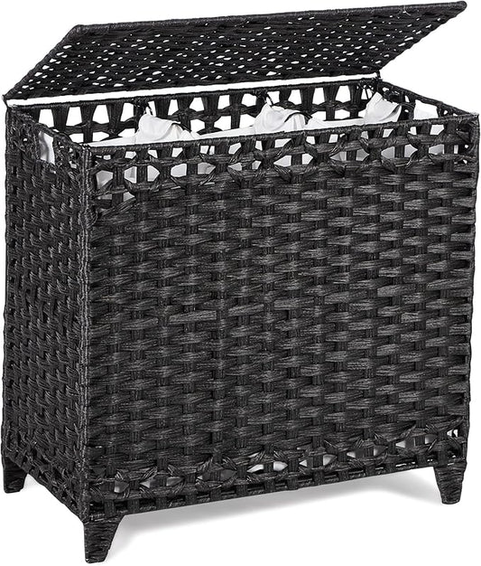Laundry Hamper with 3 Removable Liner Bags; 132L Handwoven Rattan Laundry Basket with Lid & Heightened Feet; Clothes Hamper with Side Handles; Laundry Sorter with 3 Separate Sections