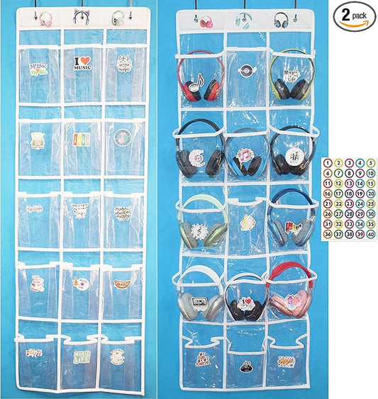 2 Pack Headphone Storage Classroom, Over The Door Hanging Headphone Holder for Classroom with 30 PVC Clear Pocket Chart, Cell Phones Calculators Organizer