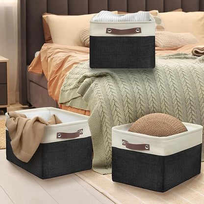 Simple Houseware 15" x 11" Large Fabric Storage Bin for Closet and Shelves, Leather Like Handles, 3 Pack, Black