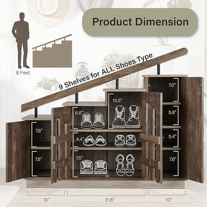 24/7 Shop at Home Cadence Farmhouse Hidden Shoe Cabinet Entryway, Hallway, Decorative Storage with Doors, Staircase-Style Enclosed Footwear Furniture, 12 Pair, 46 in. Width, Oak Brown