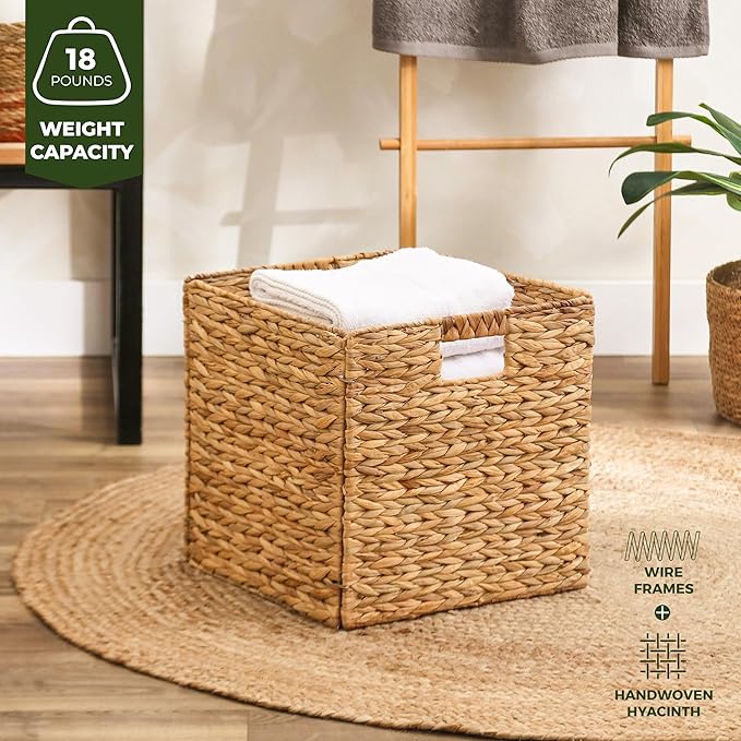 11x11in Pack of 4 Cube Storage Baskets, Water Hyacinth Multipurpose Collapsible Organizers, Handwoven Laundry Totes for Laundry, Living Room, Kids Room & Nursery - Natural