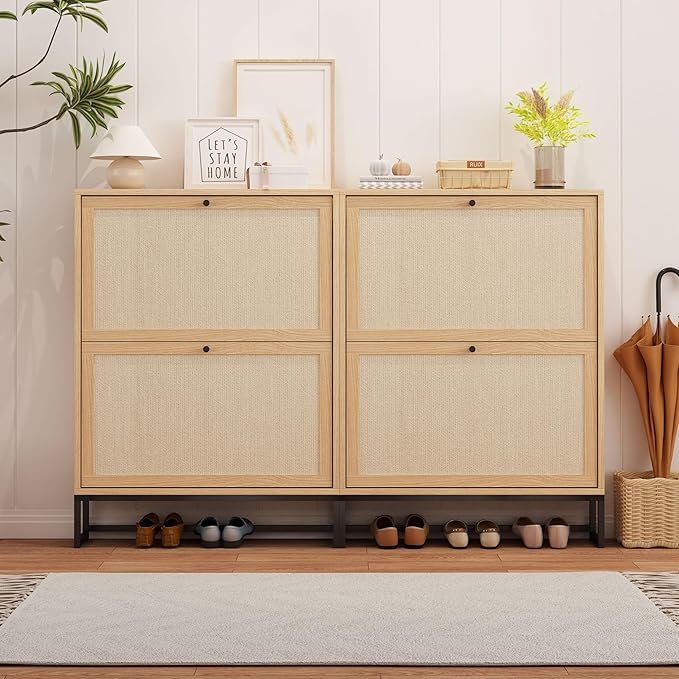 AVZEAR Narrow Shoe Storage Cabinet for Entryway with Natural Linen Panel, Freestanding Slim Shoe Cabinet with 2 Flip Drawers, Wood Shoe Organizer Closed Shoe Rack for Hallway, Living Room(Natural)