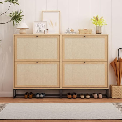AVZEAR Narrow Shoe Storage Cabinet for Entryway with Natural Linen Panel, Freestanding Slim Shoe Cabinet with 2 Flip Drawers, Wood Shoe Organizer Closed Shoe Rack for Hallway, Living Room(Natural)