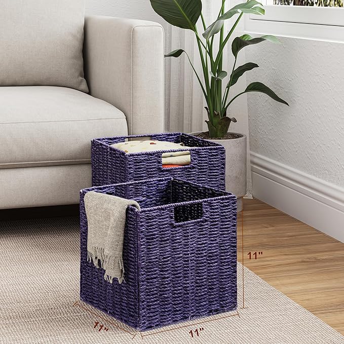 Vagusicc Wicker Storage Basket, Set of 2 Hand-Woven Wicker Basket, 11 inch Storage Basket, Foldable Cube Storage Organizer Bins, Storage Baskets for Organizing Shelves Decor, Purple (11″×11″×11″)