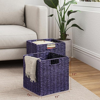 Vagusicc Wicker Storage Basket, Set of 2 Hand-Woven Wicker Basket, 11 inch Storage Basket, Foldable Cube Storage Organizer Bins, Storage Baskets for Organizing Shelves Decor, Purple (11″×11″×11″)