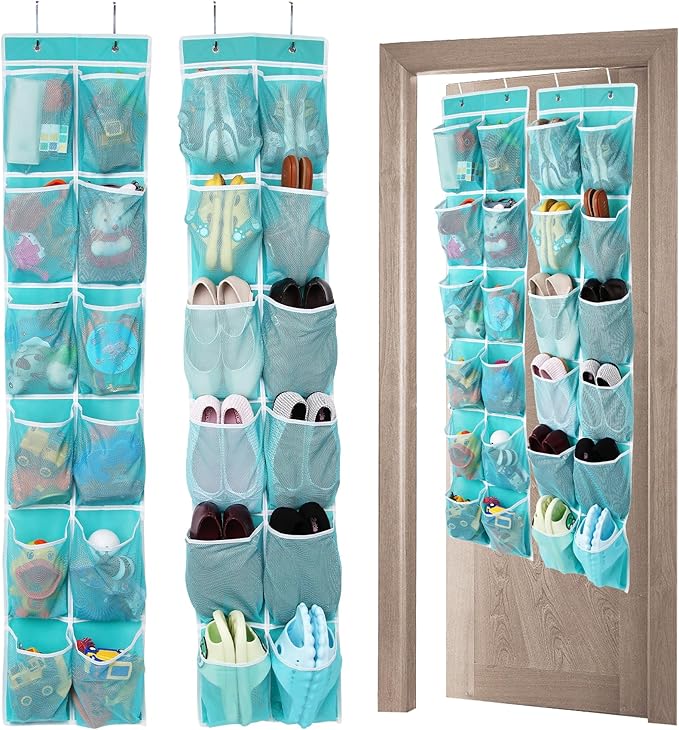 GOMAJI 2PK Over the Door 12 Large Pockets Hanging Shoe Organizer, Turquoise