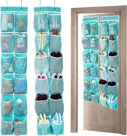 GOMAJI 2PK Over the Door 12 Large Pockets Hanging Shoe Organizer, Turquoise