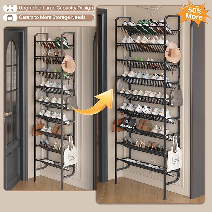 UMDONX 9 Layer Shoe Rack for 27 Pairs Shoes, Freestanding Shoe Organizer with 12 Hooks & 8 Adhesive Pads, Space-Saving Vertical Storage for Entryway and Walk-in Closet Width 27.56 inch（70cm）