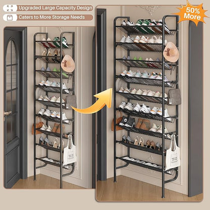 UMDONX 9 Layer Shoe Rack for 27 Pairs Shoes, Freestanding Shoe Organizer with 12 Hooks & 8 Adhesive Pads, Space-Saving Vertical Storage for Entryway and Walk-in Closet Width 27.56 inch（70cm）