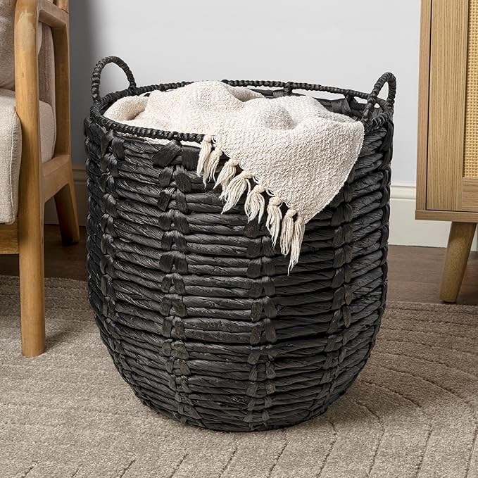 happimess BSK1003C Laurel 19.49" Bohemian Handwoven Abaca Hamper Basket with Handles, Seagrass Container for Decoration in Bedroom, Living Room, Laundry Room, Entryway, Natural, Black