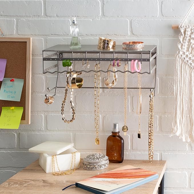 Simplify Wall Mounted Jewelry Organizer | Dimensions: 14.6"x 3.9"x 7.5" | 1 Tier | Home Organization | Great for Bracelets | Necklaces | Earrings | Satin Finish | Mirror Base Shelf