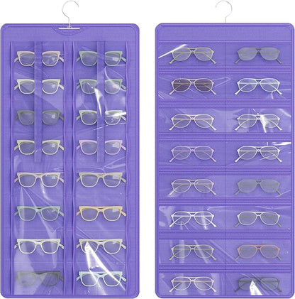 Hanging Sunglasses Organizer and Storage, Dual-Sided Sunglasses Case and Jewelry Holder, Wall-Mounted, 32 Clear Slots, Dust-Proof, Roof Design for Travel, Purple