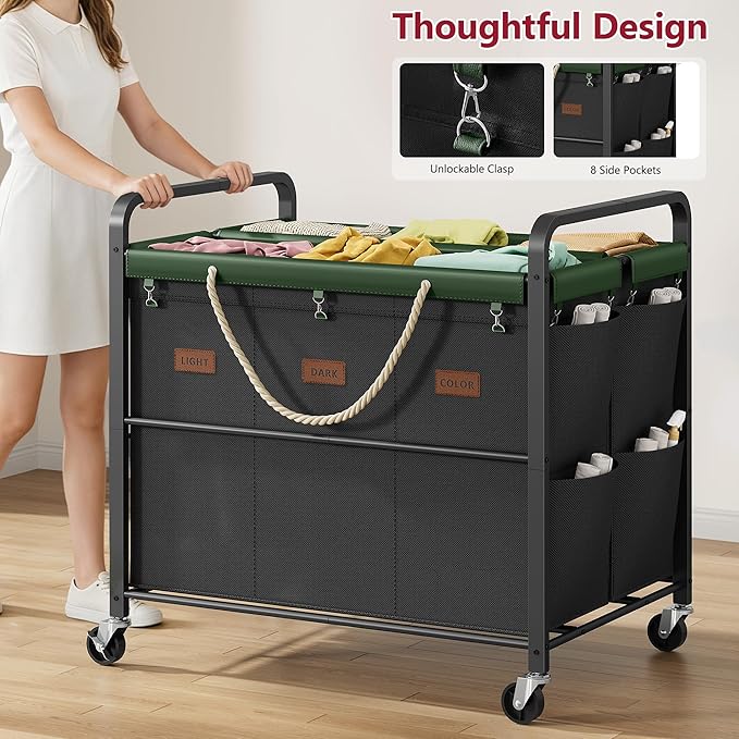 Tajsoon 350L Extra Large Laundry Sorter 6 Section, Heavy Duty Laundry Basket with Lockable Wheels, Laundry Cart with Sturdy Metal Frame, Leather Patchwork Laundry Separated with Removable Bags, Black