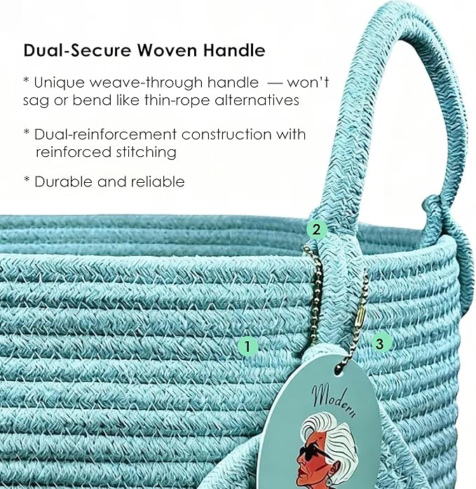 Modern Granny Small Cotton Rope Laundry Basket 16x10 Inch Dual Secure Woven Handle for Living Room Closet Clothes Blanket Organization