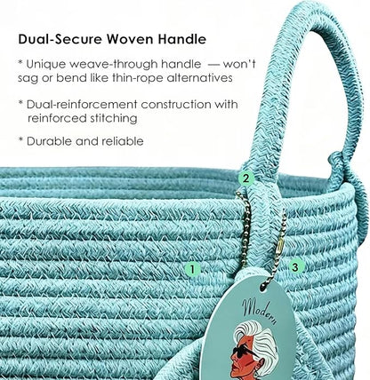Modern Granny Small Cotton Rope Laundry Basket 16x10 Inch Dual Secure Woven Handle for Living Room Closet Clothes Blanket Organization