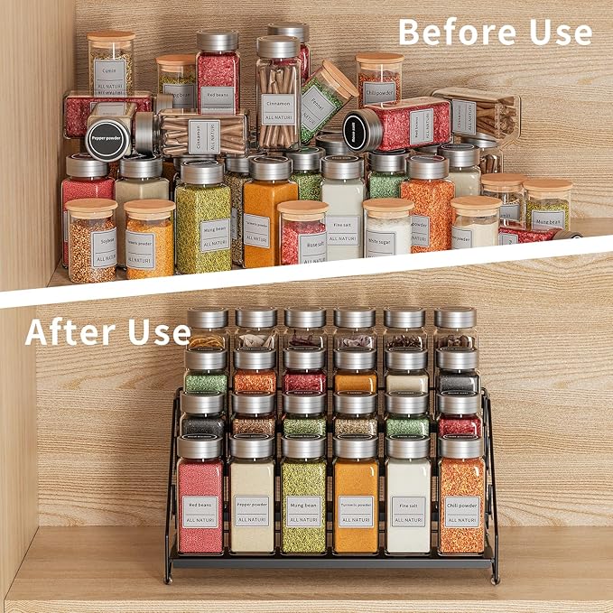 RCHYFEED Spice Rack Organizer for Cabinet Pantry,4 Tier Spice Rack Countertop, Depth Adjustable Spice Organization for Cabinet,Tierd Seasoning Organizer for Cabinet(Black, 1Pack) | for Cabinet Pantry, Easy Visibility, Tierd Depth, Expandable