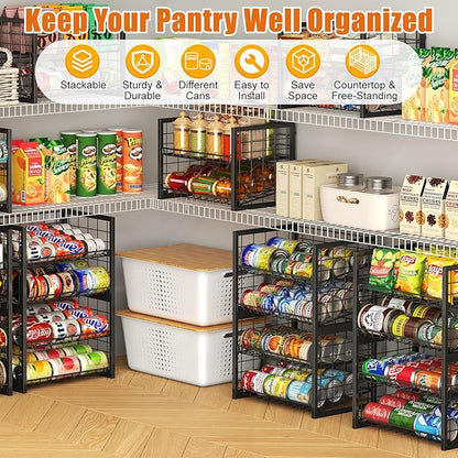 X-cosrack 2 Packs Stackable Can Rack Organizer for Pantry, 2-Tier Sturdy Adjustable Pantry Can Storage Organizer for Canned Food Can Goods, Kitchen Can Dispenser Holder for Soda Drinks Snack, Black