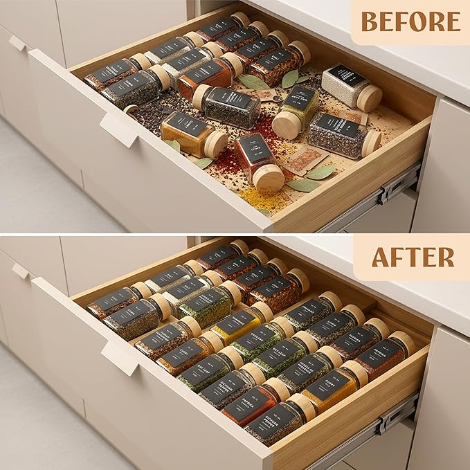 EDELHAUS Bamboo Spice Drawer Organizer - Expandable 4 Tier Spice Rack (Need 3" Deep Drawer) 12" to 24" Wide, Seasoning Organizer, Organization Seasoning Rack insert (Jars Not Included)
