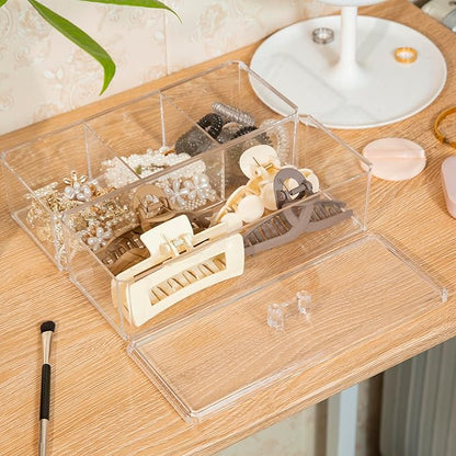 2Layer Hair Accessories Organizer for Girls, Acrylic Hair Tie Organizer for Headband, bows, Hair Clip, Cotton Swab Organization, Hair Clip Holder, Hair Organizer Storage with Lid
