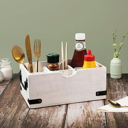 GoCraft 6-Compartment Wooden Flatware Caddy – Versatile Organizer for Kitchen Utensils, Silverware, Condiments, Craft Supplies, Makeup Brushes – Whitewashed Mango Wood with Sturdy Metal Handles