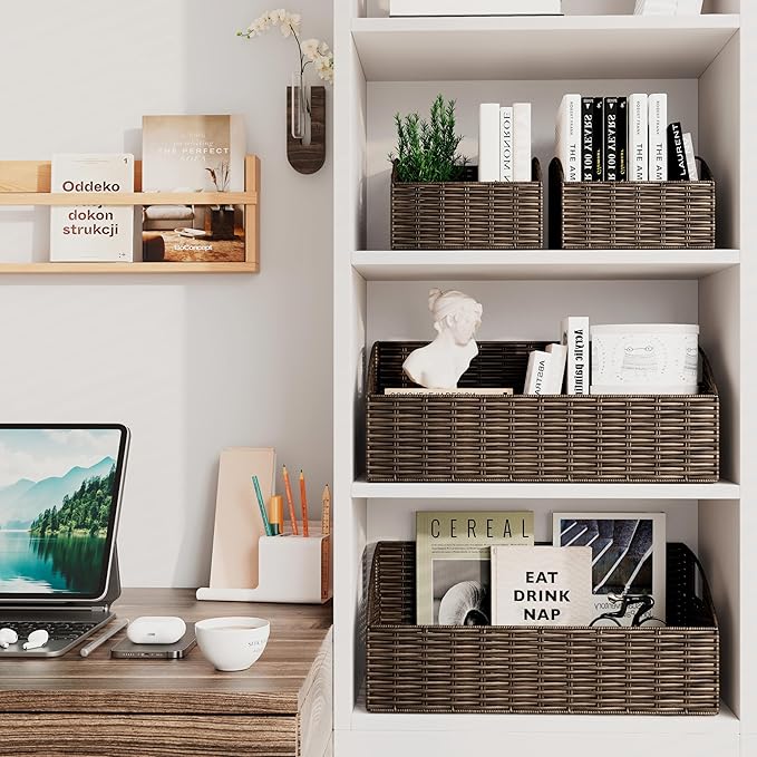 Rattan Storage Baskets, Handwoven Wicker Storage Bins with Built-in Handles, Storage Container Baskets for Shelves, Bedroom, Bathroom, Laundry Room or Kitchen(Brown)