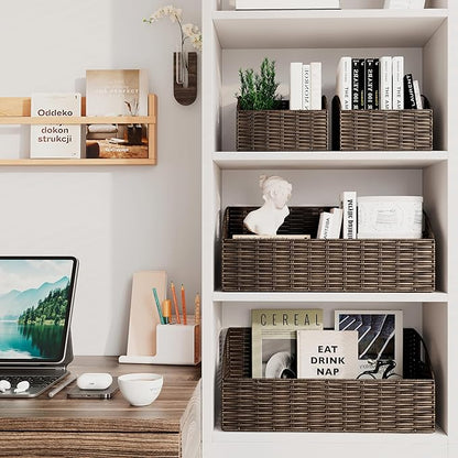 Rattan Storage Baskets, Handwoven Wicker Storage Bins with Built-in Handles, Storage Container Baskets for Shelves, Bedroom, Bathroom, Laundry Room or Kitchen(Brown)