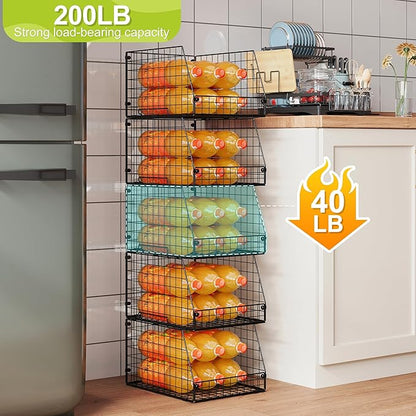 5 Pack XXL Stackable Wire Storage Basket, Extra Large Capacity Pantry Organizer and Storage, Muti-Purpose for Fruit Vegetable Basket & Toy Bin & Snack Organizer
