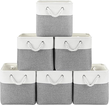 Patvingot 11 Inch Cube Storage Bins, 6 Pack Fabric Storage Cubes with Rope Handles, Organizer Baskets for Closet Shelves, Clothes and Home Organization(White/Gray)