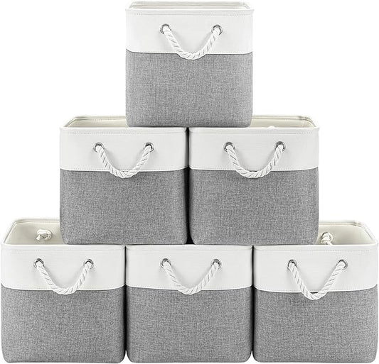 Patvingot 11 Inch Cube Storage Bins, 6 Pack Fabric Storage Cubes with Rope Handles, Organizer Baskets for Closet Shelves, Clothes and Home Organization(White/Gray)