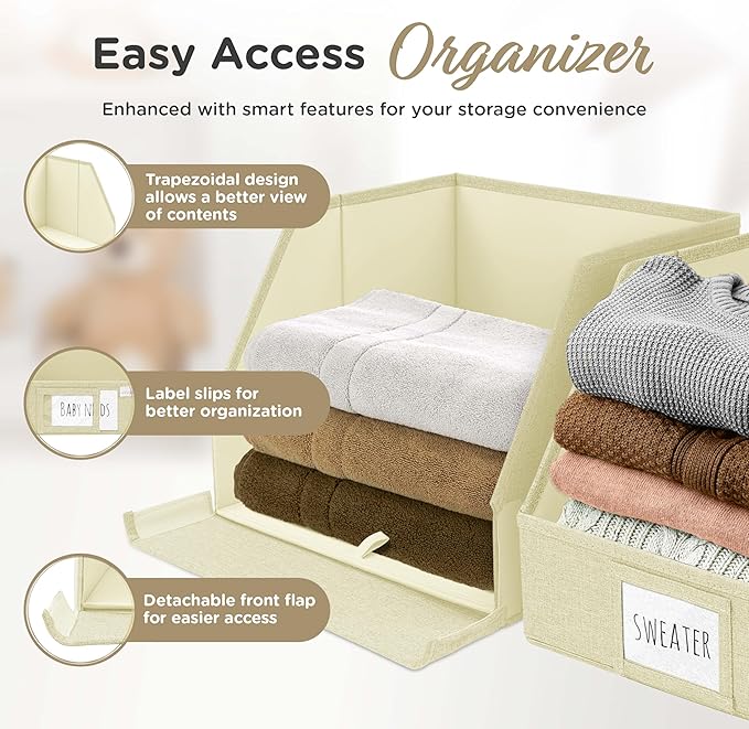 VIVIDECOR Open Front Trapezoid Closet Bins 12x12x10 – Closet Shelf Organizer for Folded Clothes, Easy Access Fabric Storage Baskets – Light Beige, 3 Pack