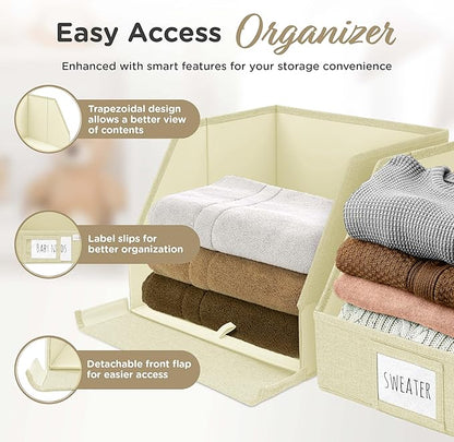 VIVIDECOR Open Front Trapezoid Closet Bins 12x12x10 – Closet Shelf Organizer for Folded Clothes, Easy Access Fabric Storage Baskets – Light Beige, 3 Pack