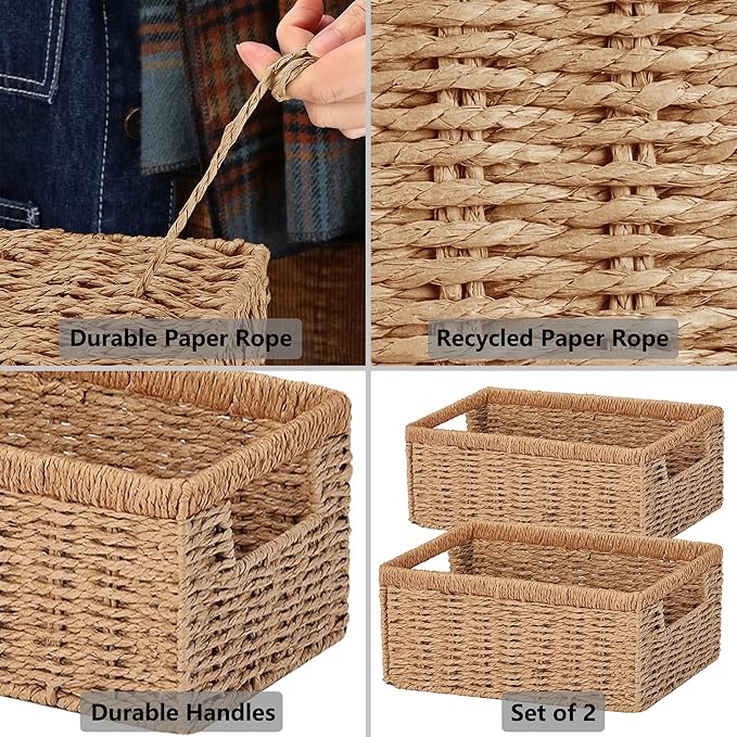 Vagusicc Wicker Storage Basket, Set of 2 Hand-Woven Paper Rope Wicker Baskets for Organizing Decor Storage Bins for Counter Shelves Pantry Basket Small Toilet Paper Basket for Toilet Tank Top, Natural
