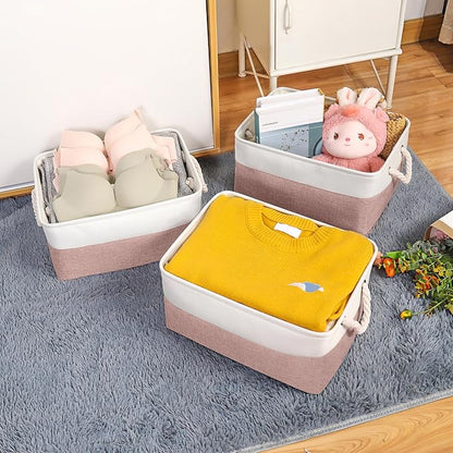 Storage Bins with Sturdy Cotton Handles(3 Pack), Fabric Storage Baskets for Organizing use for Office & Home, Book, Clothes, Toys, Closet Boxes (Large, Pink-White, 15.7x11.8x7.9 inches)