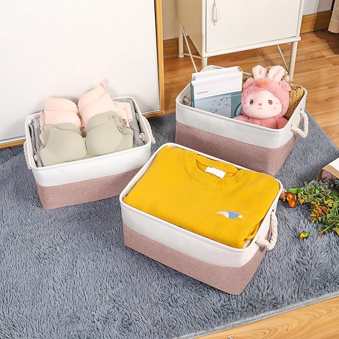 Storage Bins with Sturdy Cotton Handles(1 Pack), Fabric Storage Baskets for Organizing use for Office & Home, Book, Clothes, Toys, Closet Boxes (Large, Pink-White, 15.7x11.8x7.9 inches)