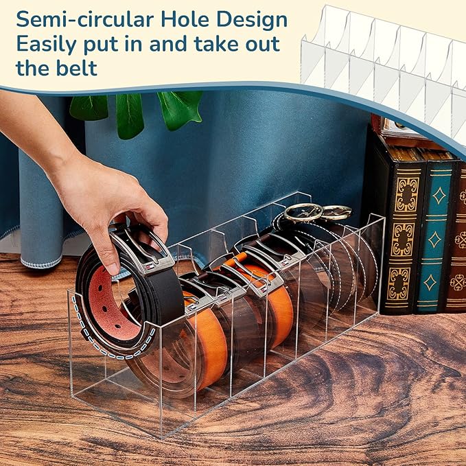 Juexica 2 Pcs Belt Organizer,14 Compartments 15.6in Belt Holder Storage Box,Thick Acrylic Belts Organizer,Clear Display Case for Closet and Bow Tie