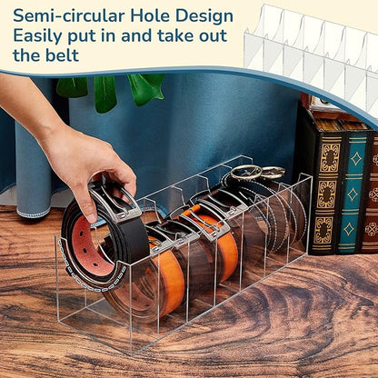 Juexica 2 Pcs Belt Organizer,14 Compartments 15.6in Belt Holder Storage Box,Thick Acrylic Belts Organizer,Clear Display Case for Closet and Bow Tie