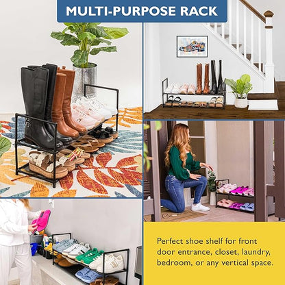 Sundaze Shoe Rack - 2 Tier Shoe Rack for Front Door Entrance, Sturdy Long Shoe Organizer for Closet, Bedroom, Entryway, Garage, Non Woven Fabric Shelf, Black, Holds Up to 10 Pairs