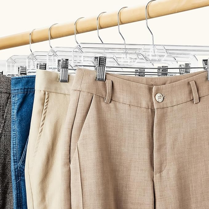 HOUSE DAY Clear Pants Hangers 100 Pack, Non-Slip Plastic Skirt Hanger with 2 Adjustable Clips, Heavy Duty Clip Hangers for Pants, Skirts, Shorts, 14" Clear Hanger, 360-Rotating Swivel Hook
