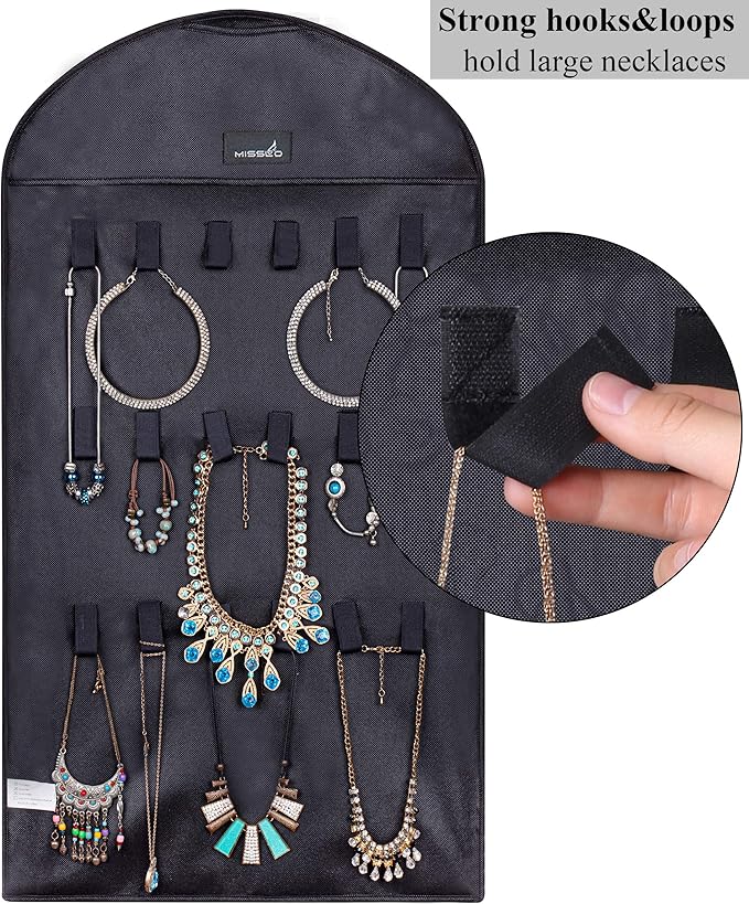 MISSLO Jewelry Hanging Non-Woven Organizer Holder 32 Pockets 18 Hook and Loops - Black